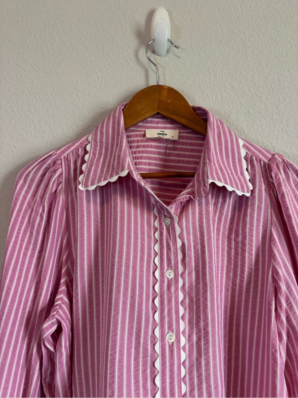 Entro Pink Striped Puff Sleeve Ric Rac Detail Grand Millenial Button Down Top S - Picture 3 of 10